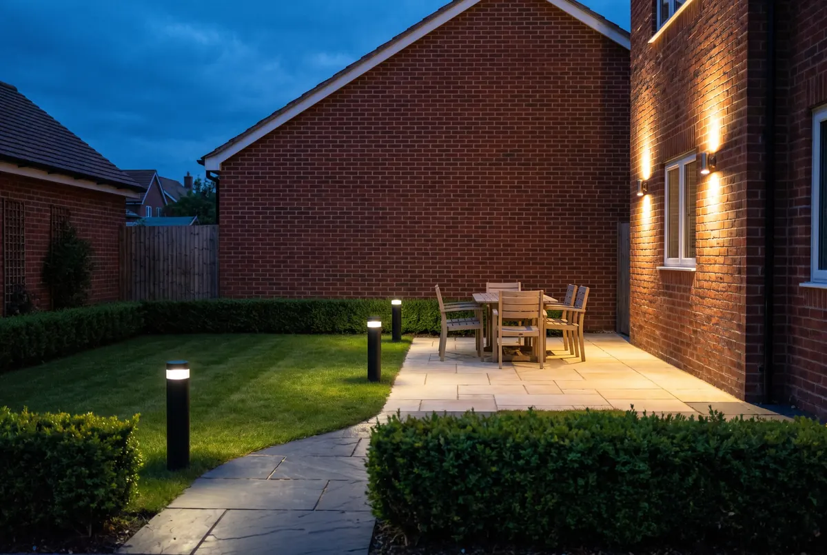 Garden path lit by low bollards and wall lights at dusk