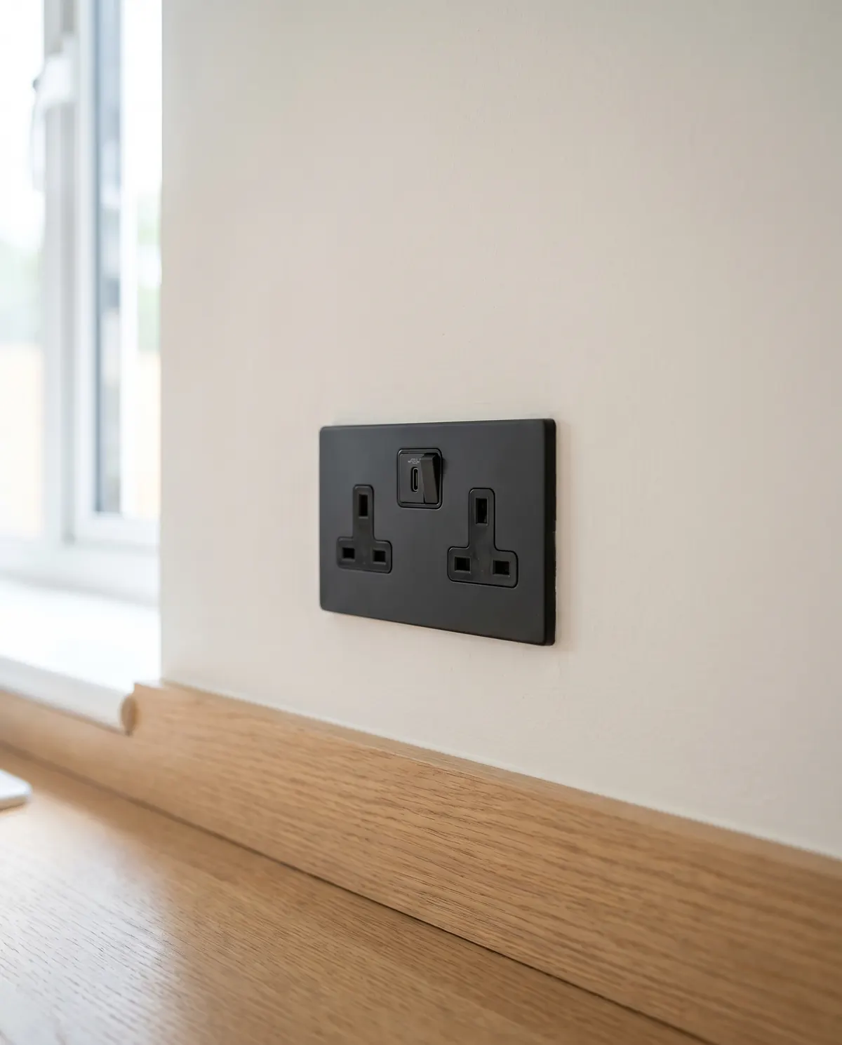 Matt black double socket on a freshly painted wall