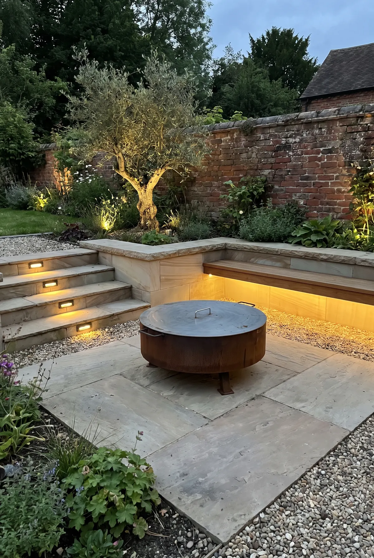 Stone terrace with step lights and lighting around a fire pit